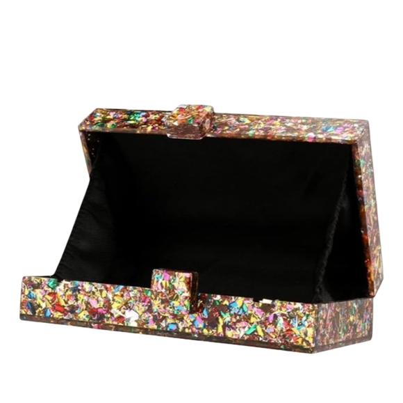 Abstract Glitter Hard Acrylic Clutch Bag Confetti Box Purse Gold Multi Crossbody